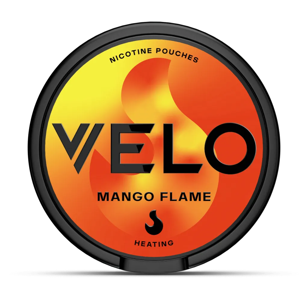 Round container of WELO nicotine pouches with orange and yellow design on a white background