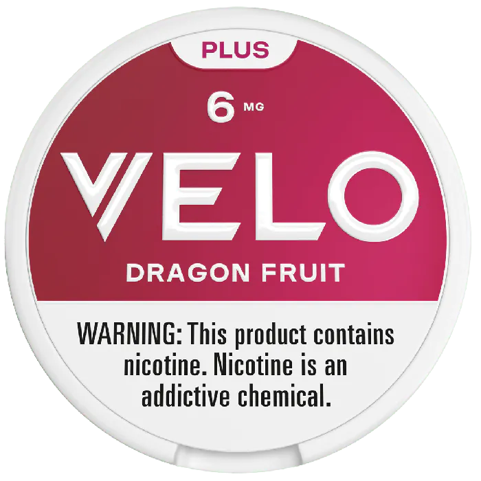 VELO product container with 'Dragon Fruit' flavor and nicotine warning on a white background