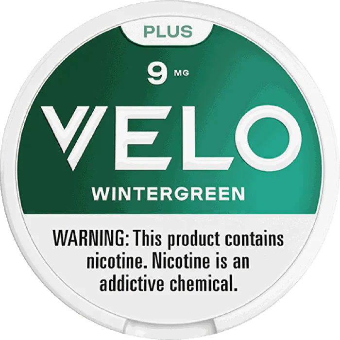 VELO Wintergreen nicotine product packaging with green and white design.