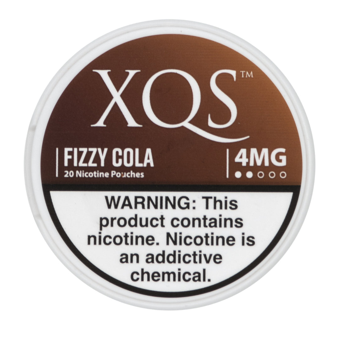 XQS Fizzy Cola nicotine pouch container with branding and warning label.