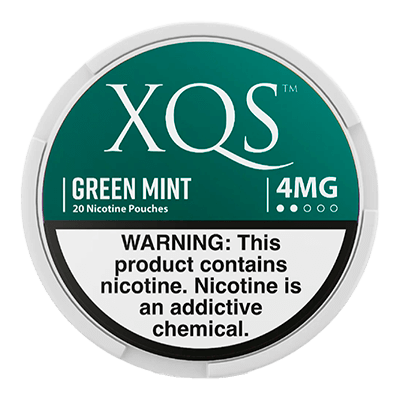 XQS Green Mint nicotine pouch container with warning label on a white background