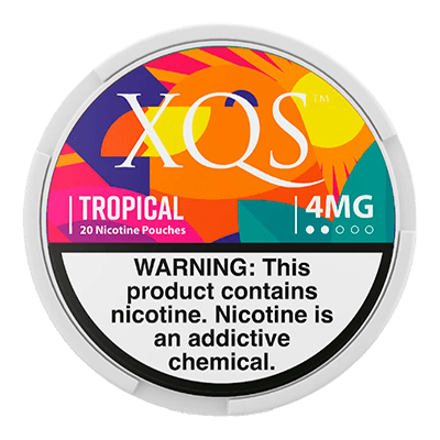 XQS Tropical nicotine pouch packaging with colorful design and warning label.