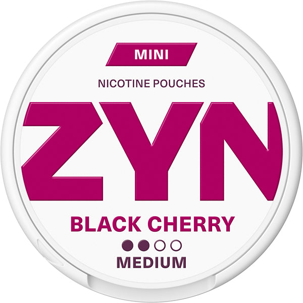 ZYN nicotine pouches container with 'Black Cherry' flavor on a white background