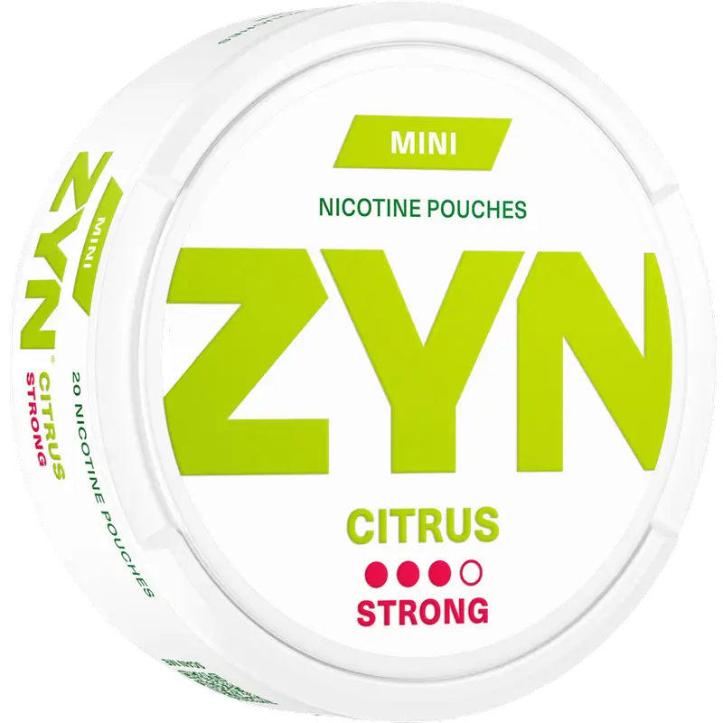 ZYN nicotine pouches packaging with citrus and strong flavor text on a white background